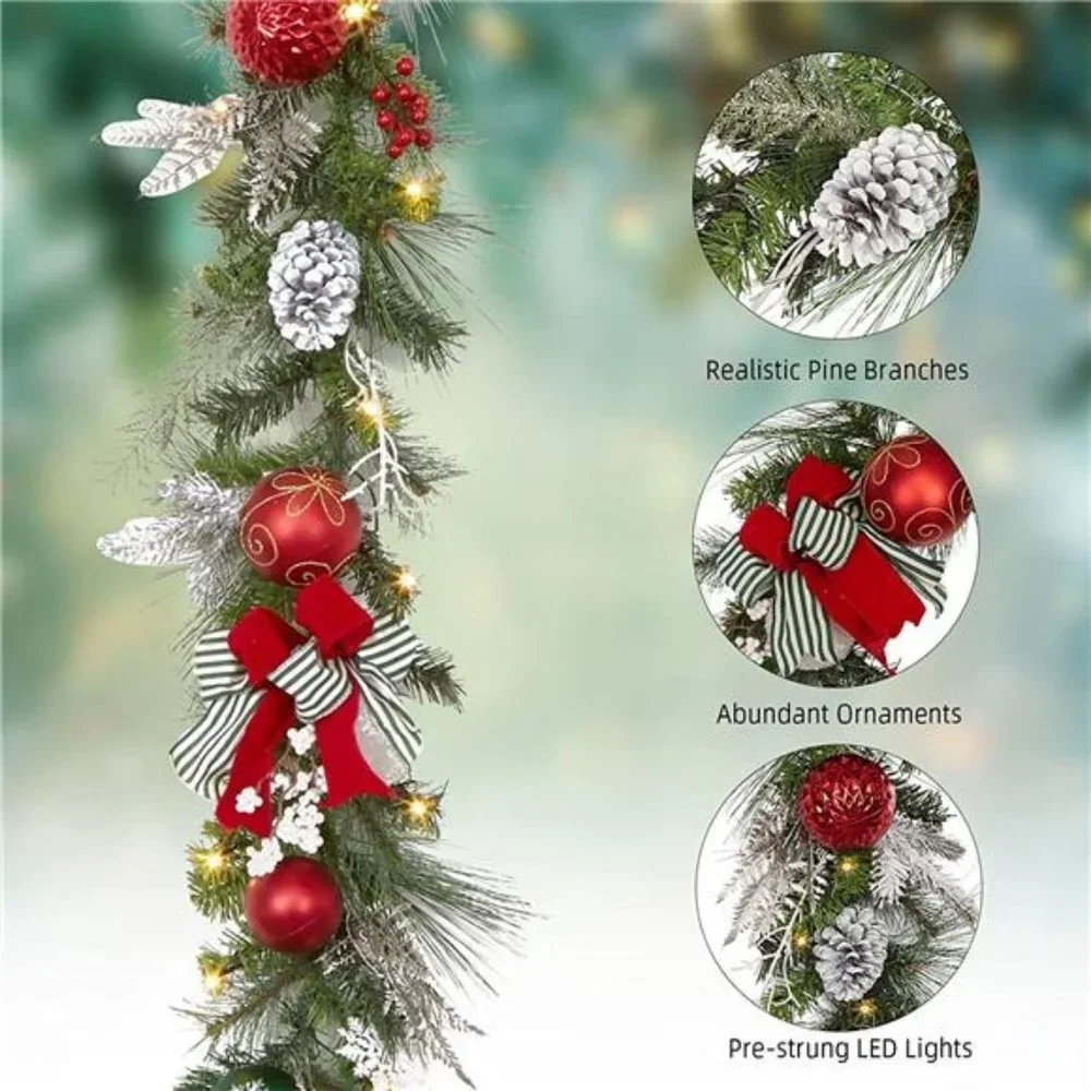 9ft Prelit Christmas Garland with 40 Light for Front Door, w/ Bow Christmas Ball